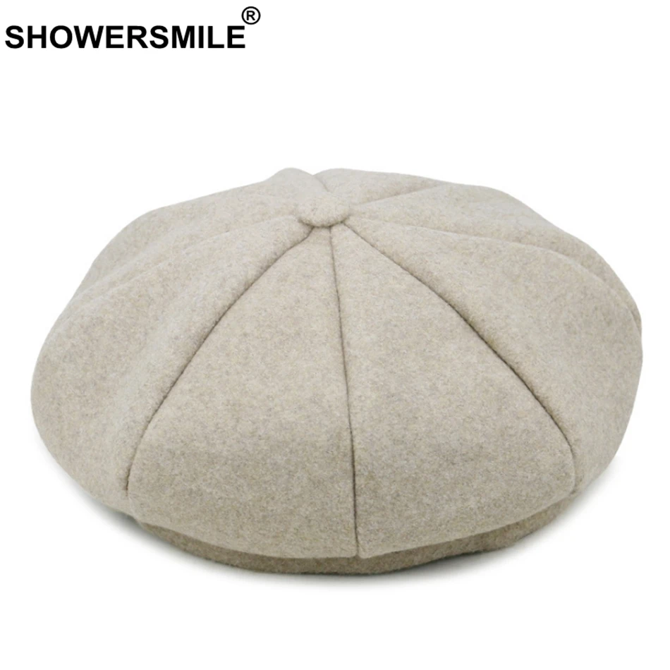 SHOWERSMILE женские береты шапки Серая шерстяная шапка женская мода восьмиугольная однотонная Кепка художника зимняя теплая мягкая Высококачественная шапка для художника