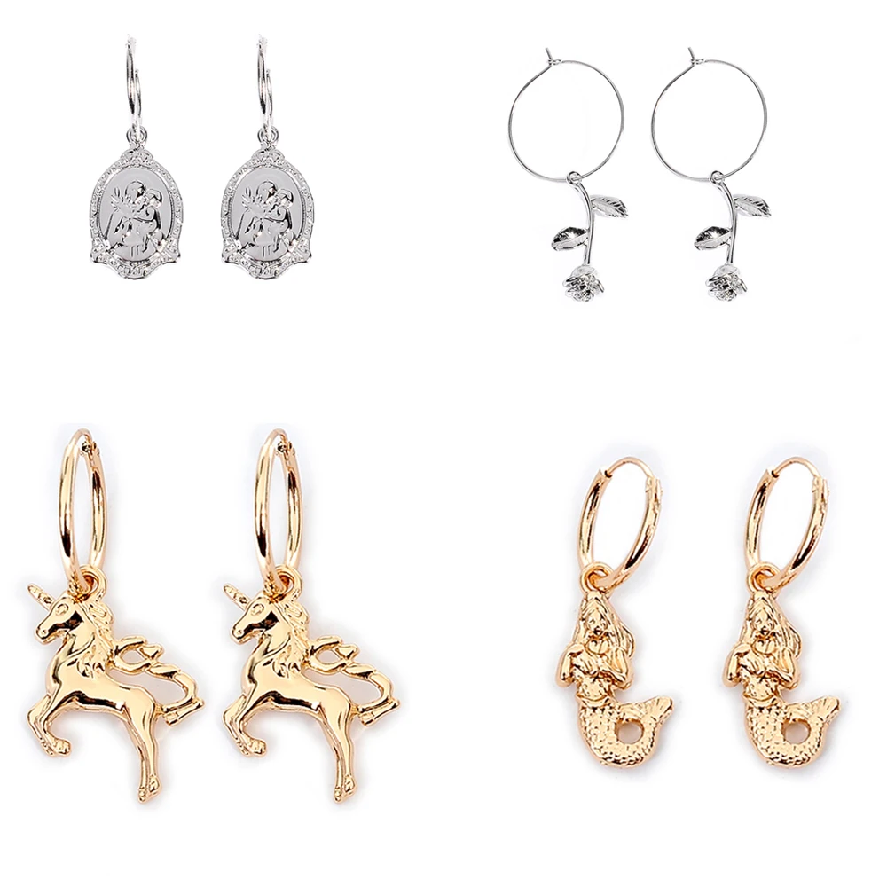 Женские серьги кольца в виде единорога и русалки|Серьги-кольца| |