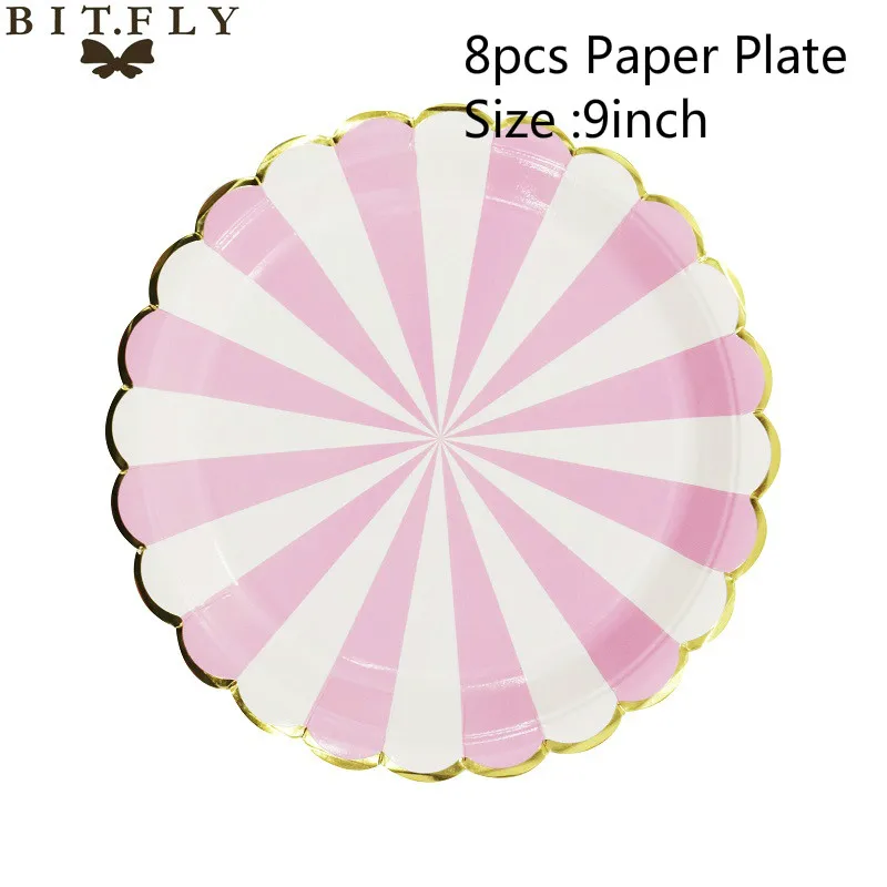 9inch Pink Plate BIT.FLY, Золотая фольга, одноразовая посуда на день рождения, детская вечеринка, розовая/синяя бумажная тарелка, салфетки под чашки для мальчиков/девочек, украшения для вечеринки сделанные своими руками - Цвет: 9inch Pink Plate