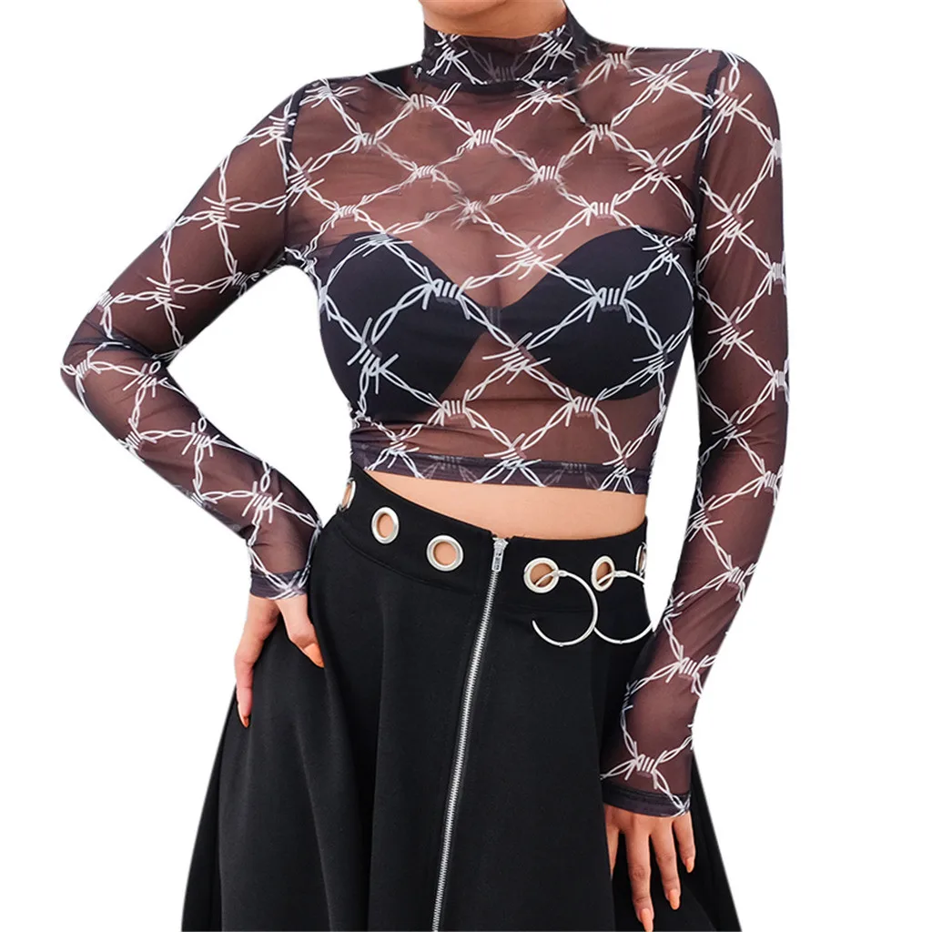 Sexy Blouse Plaid Mesh Perspective Women Crop Top Fashion Casual Turtleneck Shirt Ladies Slim Fit Tops Streetwear |