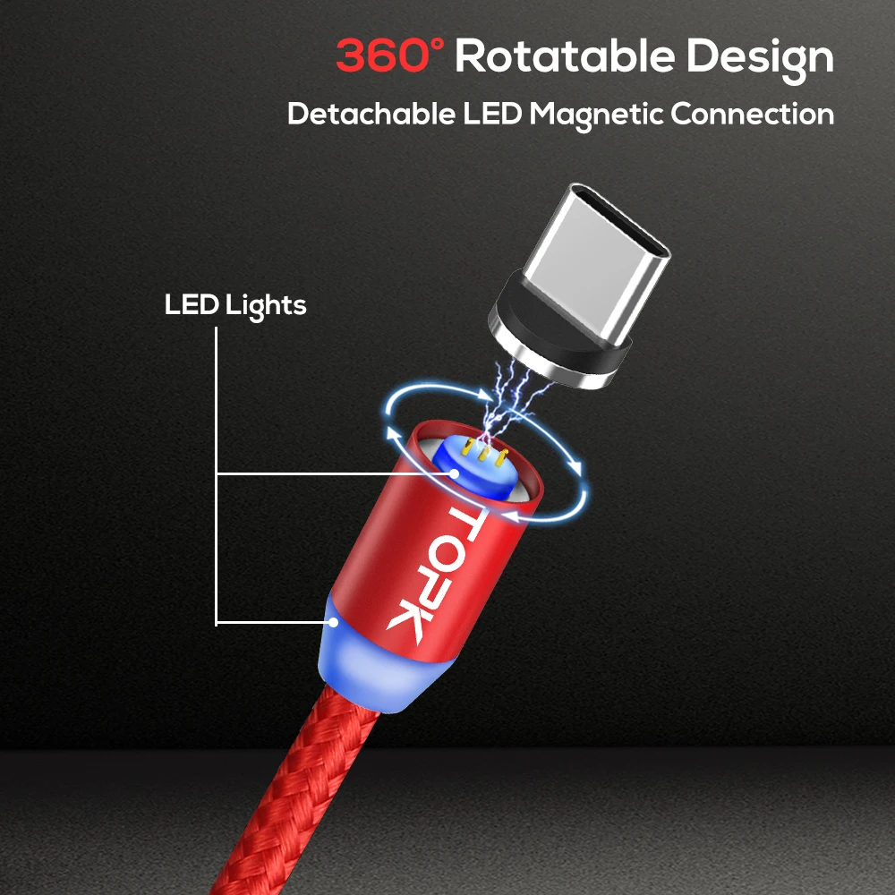 TOPK 2-го поколения светодиодный магнитный usb-кабель type-C и Micro USB кабель для быстрой