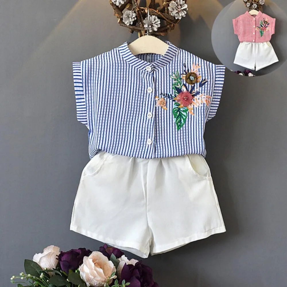 Одежда для маленьких девочек полосатая рубашка с цветочным принтом и короткими