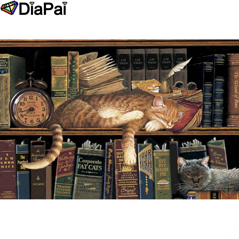 

DIAPAI Diamond Painting 5D DIY 100% Full Square/Round Drill"Animal cat bookshelf"Diamond Embroidery Cross Stitch 3D Decor A22690