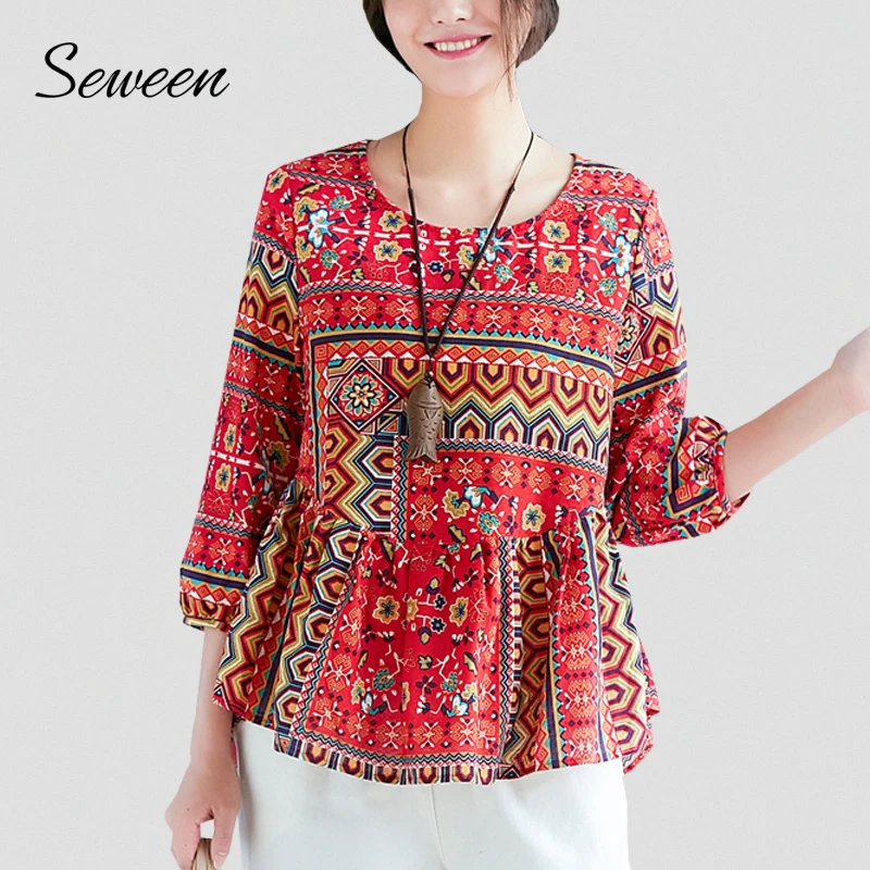 Boho Стиль принт Для женщин топы и блузка 2018 Осенняя мода Фонари с длинными