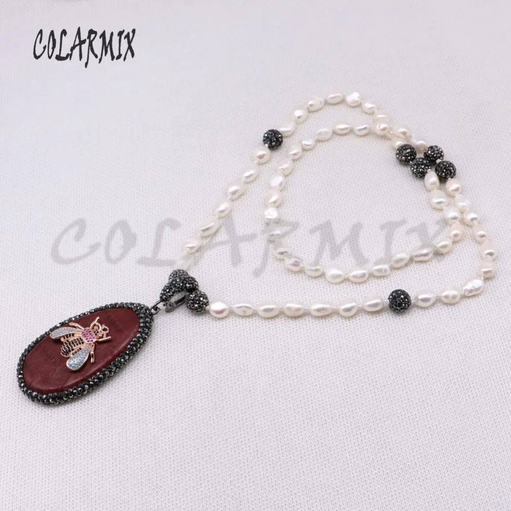 Handmade beaded necklace with Snakeskin Pendant &amp cute tiny bugs fresh water pearls High quality gift for lady 4112 | Украшения и