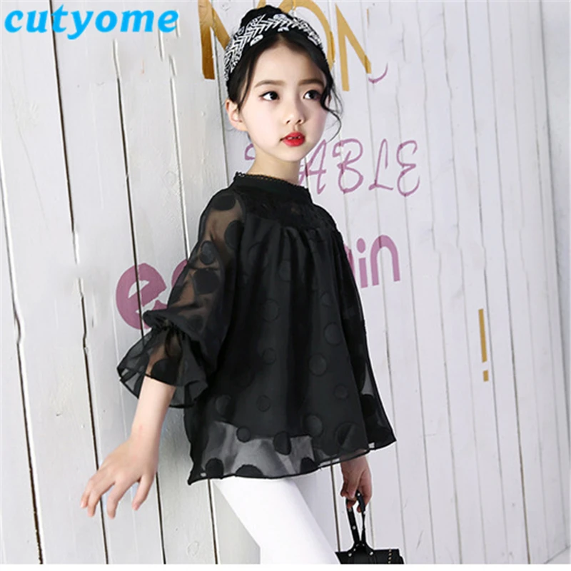 Cutyome/Wholesale-6pcs в партии, черно-белые школьные рубашки для детей, шифоновые блузки в горошек, свободные топы с оборками и баской для девочек-подростков