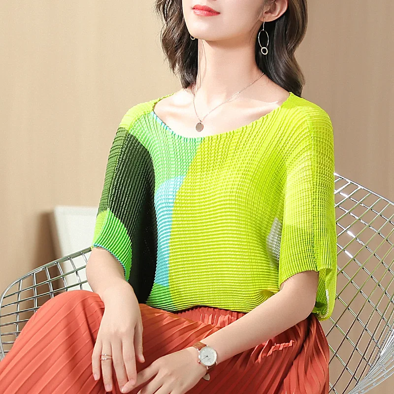 

Green Print Tee Women Slim Fit T-shirt Large Size Summer Stretchy Round Neck Spring Solid T Shirts Women Top