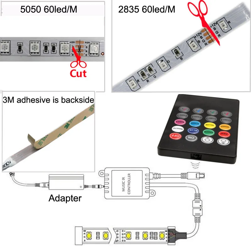 RGB музыкальная синхронизация Светодиодная лента светильник SMD 5050 5 м 10 м 60 Светодиодный/м водонепроницаемая гибкая лента Диодная лента контроллер DC 12 В адаптер Комплект лампы