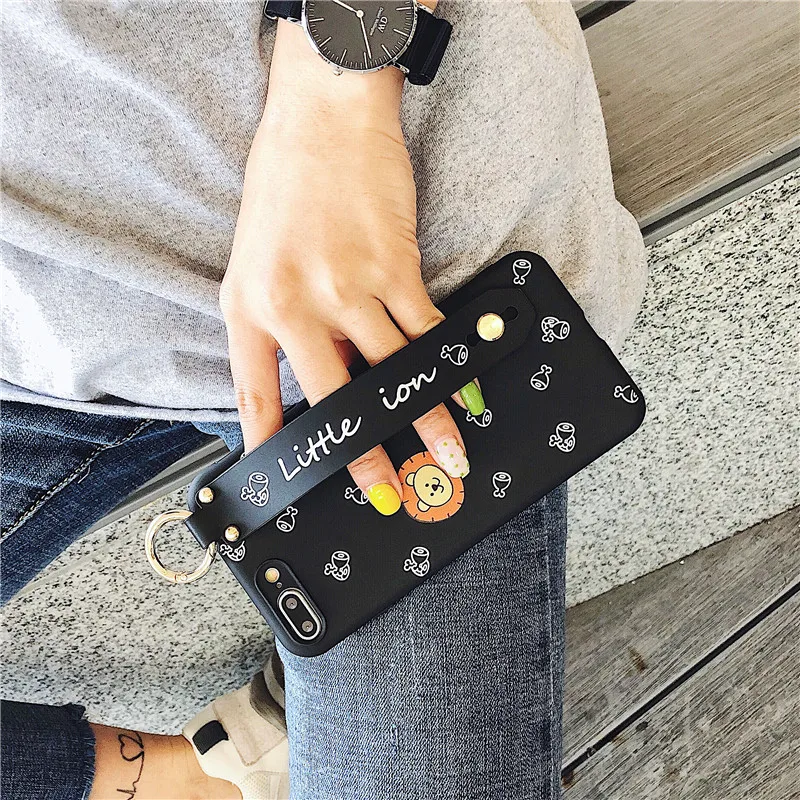 Wrist Strap Soft IMD Phone Case For iphone 7 8 6 6s plus X Xs max XR Cute cartoon animal lion black |