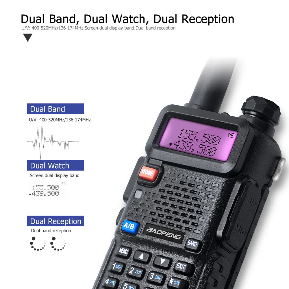 2 шт. Baofeng UV 5r радиостанция 3800 мАч длинная батарея UV5R рация UHF VHF walky talky Ham Радио для