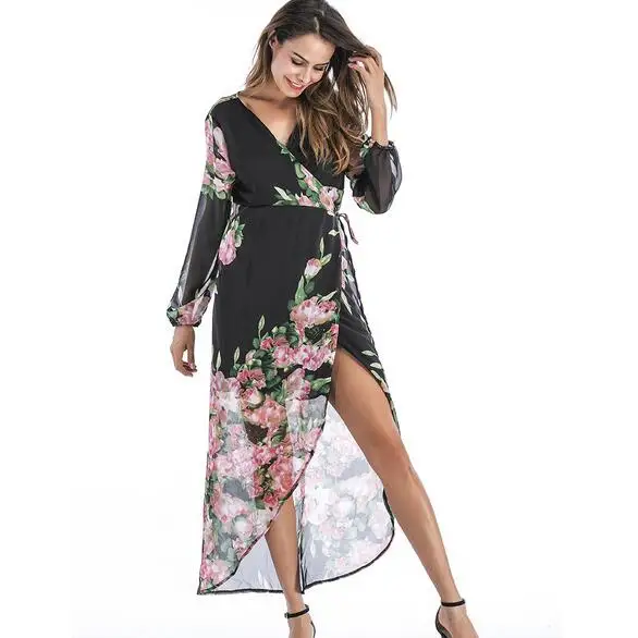 Vestido de festa длинное женское платье с глубоким v образным вырезом шифоновое летнее