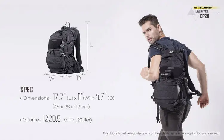 Nitecore BP20 Многофункциональный рюкзак на каждый день Тактический боковой 20л износостойкий 1000D нейлоновая ткань водостойкое покрытие Toosl сумка