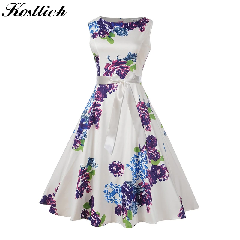 MoYan высокое качество с круглым вырезом цветочный принт платья лето Хепберн