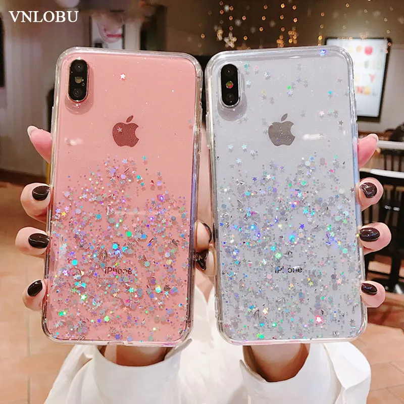 For iPhone 6 6S 7 8 Plus Case Glitter Bling Sequin TPU Silicone for iphone XS Max XR Transparent Soft back Cover Coque | Мобильные