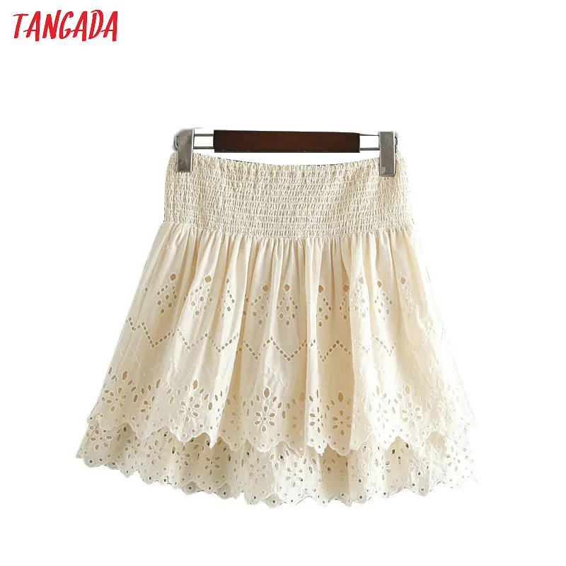 Tangada летняя юбка бежевая юбка короткая юбка кружевная юбка ришелье юбка с перфорацией юбка со складками юбка плиссе юбка с кружевом юбка с воланами романтичный стиль CE99