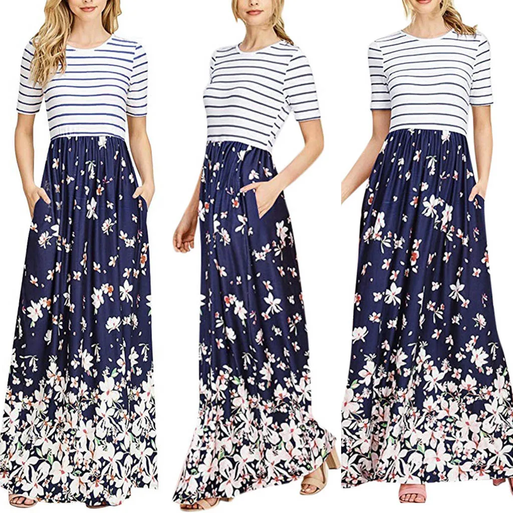 Женское Полосатое Платье макси с коротким рукавом и круглым вырезом цветочным