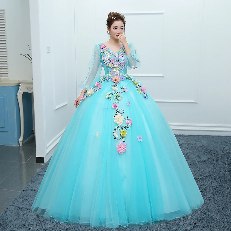 Trajes De Quinceaneras Новое Розовое Пышное Платье с v-образным вырезом и длинным рукавом, кружевное платье с цветочным рисунком размера плюс, кружевное платье на заказ для выпускного вечера