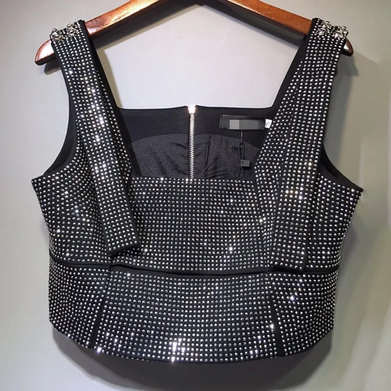 black tops TWOTWINSTYLE Алмазный лоскутный комплект из двух предметов для женщин с открытыми плечами топы без рукавов Высокая талия Большой размер широкие брюки женский костюм - Цвет: black tops
