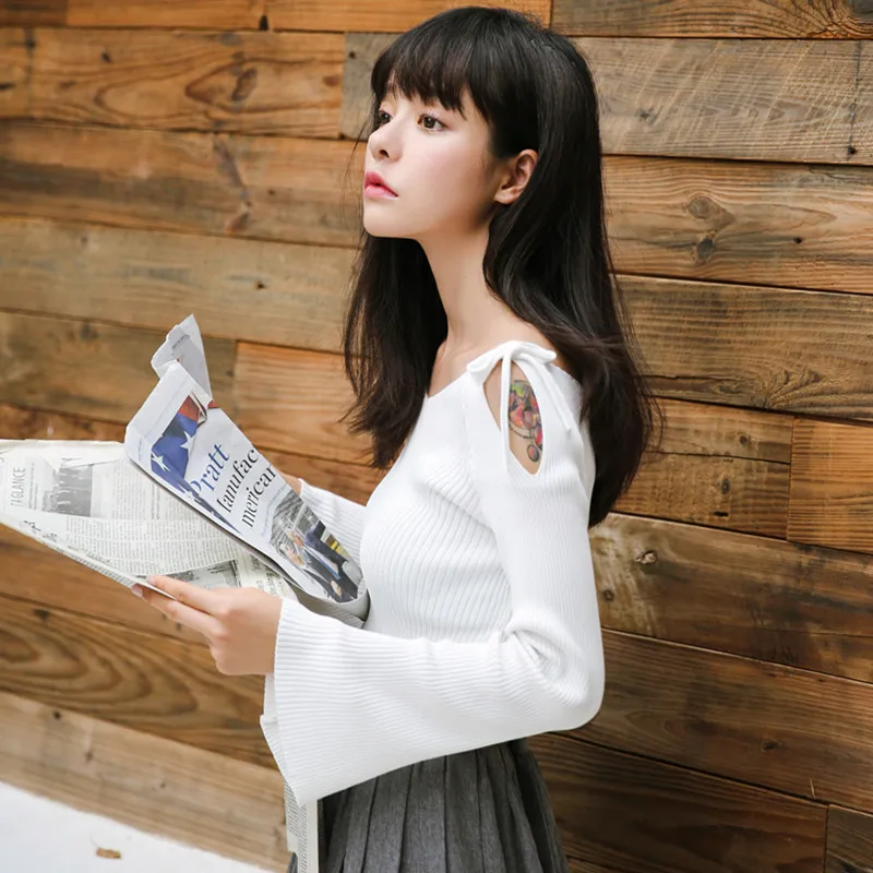 Женские свитера Kawaii Ulzzang Осень Новый с открытыми плечами свитер ремешками