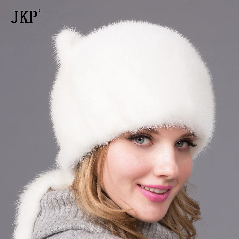 Women's Winter Hat Real Natural Mink Fur Hat Ladies Fall Winter Warm Fashion Cute White Ears and Mink Tail Cap