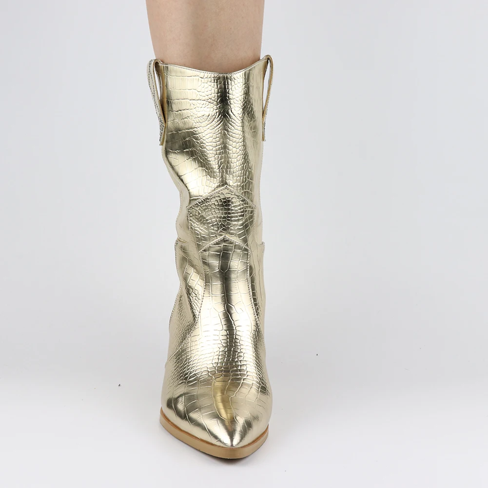 High Quality Brand Gold Winter Plus Size 46 Vintage Square Heels Woman Mid-Calf Boots women's Shoes Western Boots Shoes Women