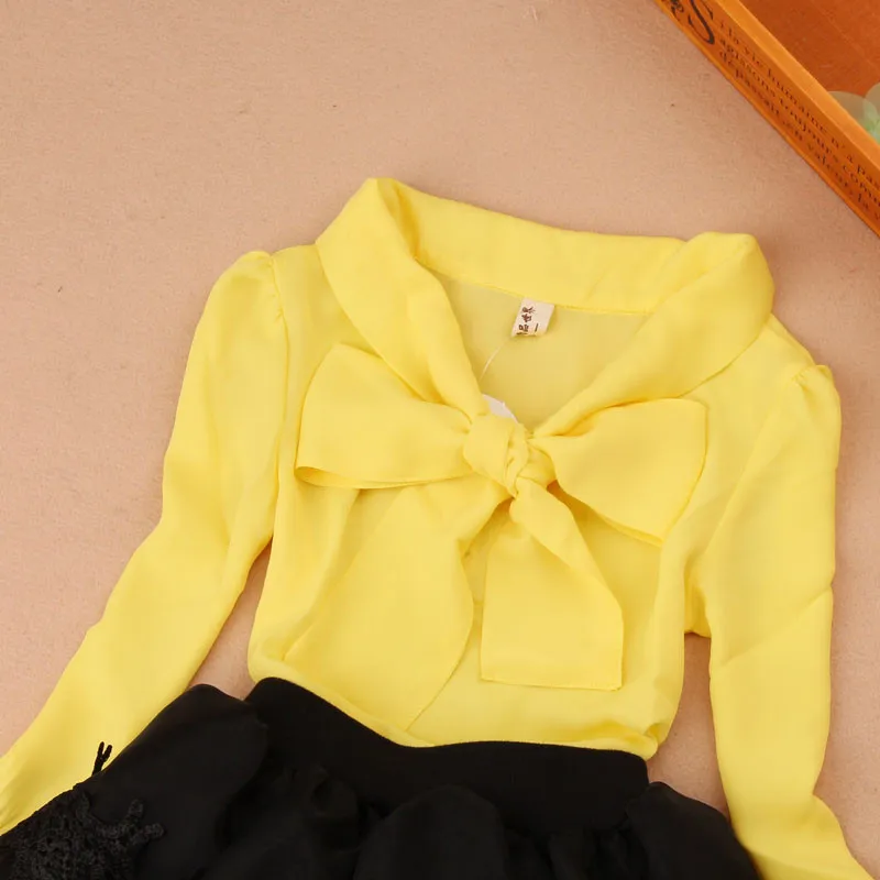 yellow Новые весенне-осенние шифоновые красные Блузы с длинными рукавами и бантом для маленьких девочек-подростков, топы и блузки, школьная блузка для девочек, рубашка для детей AA1604 - Цвет: yellow