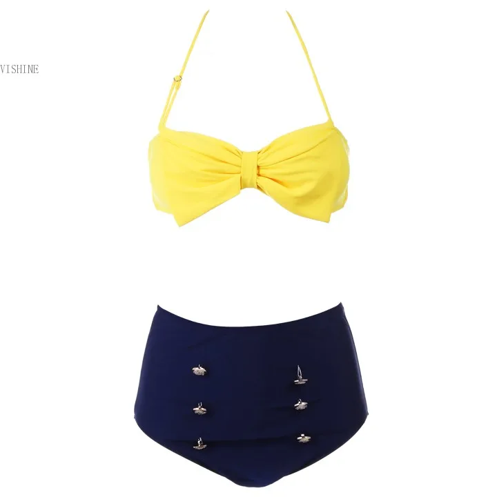 2015 Summer Beach Bikini high waisted Sleeveless Halter Set Push Up Swimwear Yellow/Watermelon Red 18 |