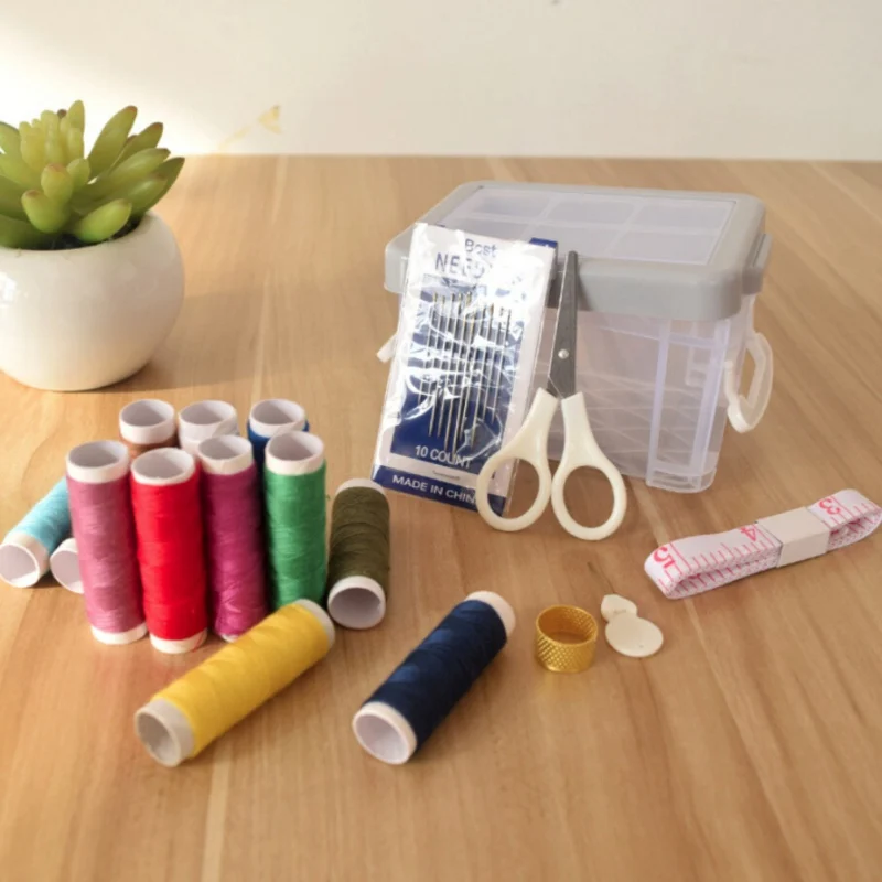 Пластиковая коробка корзина для шитья Набор аксессуаров, DIY Швейные принадлежности Органайзер заполненный ножницами Thimble Rro