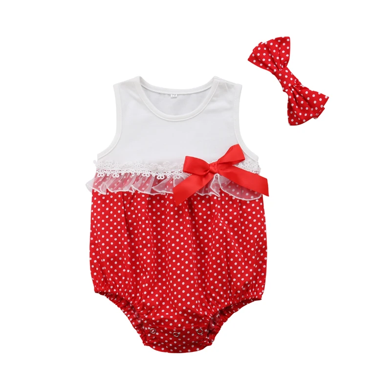 Лоскутная одежда для малышей Детские комбинезоны с печатью в горошек + повязка на