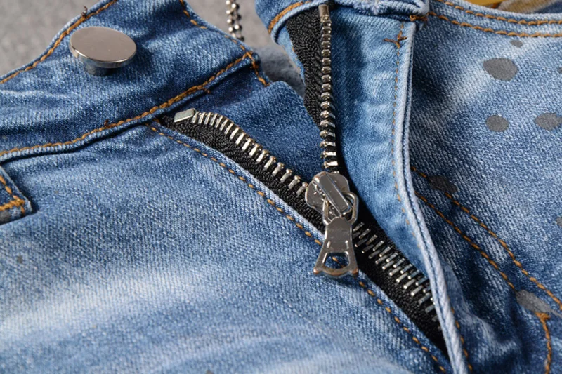 Высокая уличная мода для мужчин джинсы для женщин голубой цвет Slim Fit рваные мужчин порванные штаны краски дизайнер лоскутное хип хоп