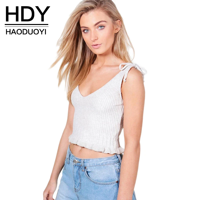 HDY Haoduoyi 2017 Fashion Vest Women Casual V neck Sleeveless Straps Crop Tops Brief Thick Solid 2 Colors Pleated Autumn T shirt|fashion