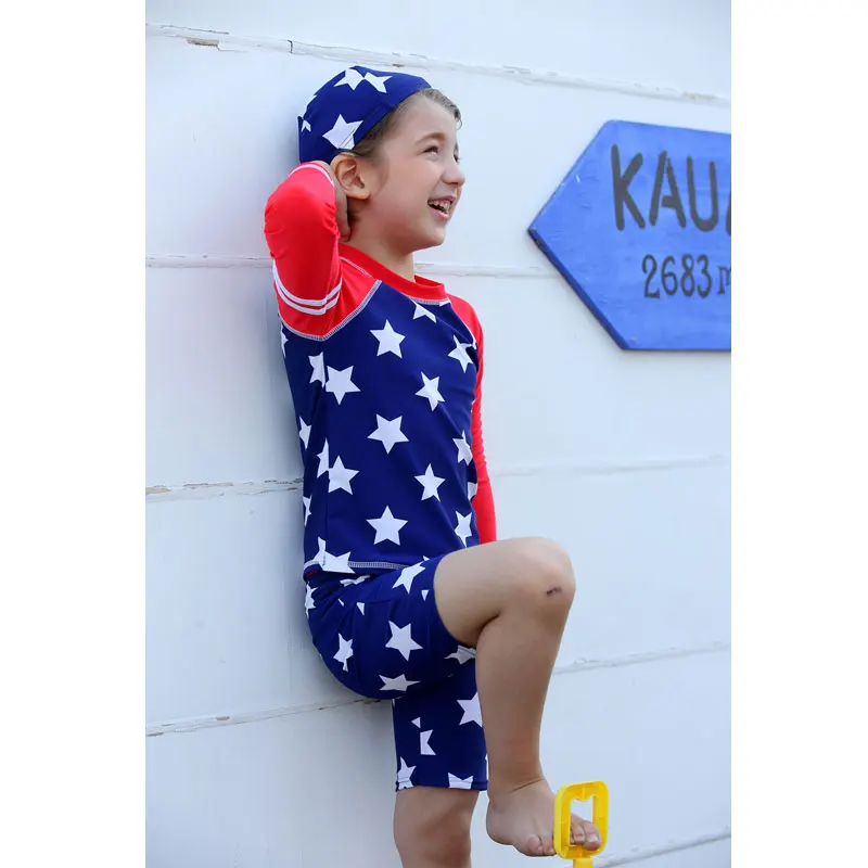 Vivo-Biniya Boys Rash Guard Swimsuit UV Protect Shirts Rashguard Tops+Trunks+Cap UPF 50+Blue Star Print Swimming Suit Kids |