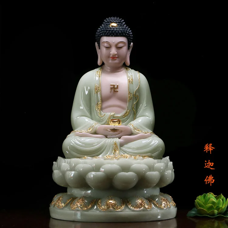 Escultura de gran tamaño budista de alta calidad, estatua de tallado dorado de jade Sakyamuni, Talismán, mascota, gran calidad, 30cm