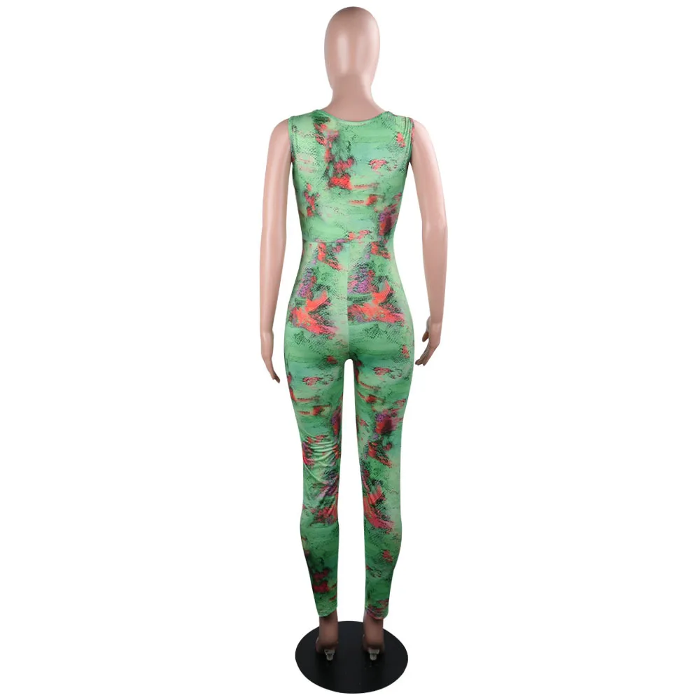 

Snake Skin Print Rompers Womens Jumpsuit DeepV Neck Sleeveless Bodycon One Piece Overall Summer Front Lace Up Club Party Catsuit