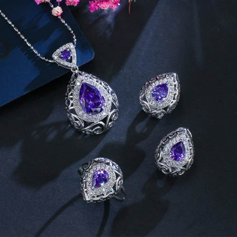 Женский комплект украшений CWWZircons ожерелье в форме капли воды светильник кольцо с