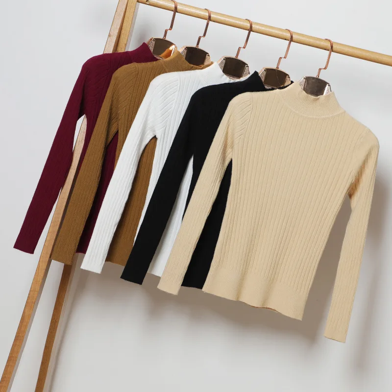 

Queechalle Women Sweater Pullover Autumn Winter Essential Basic Knitted Jumper Tops Solid Turtleneck Long Sleeve Slim Sweaters