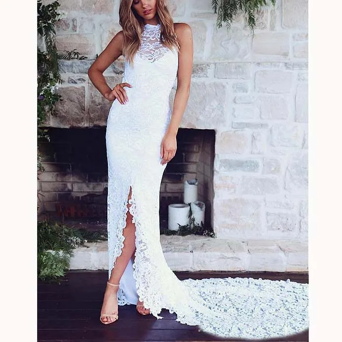 

2023 New Summer Bohemian Sexy Backless Sheath Wedding Dresses Halter HIGH Splits Lace Wedding Gowns Beach Bridal Dress vestidos