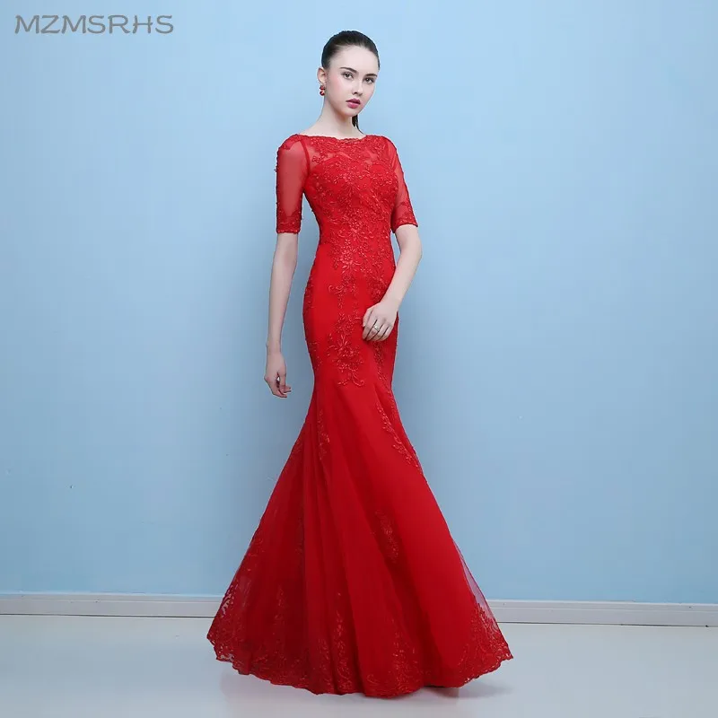 Женское вечернее платье русалка красное кружевное с рукавом до локтя модель 2017|red