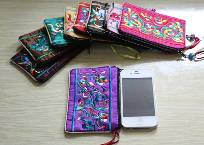 10pcs Chinese style Double Embroidery Bells Satin Zip Bags for Jewelry Gift Pouch Packaging Card Cover Women Coin Purse Favors