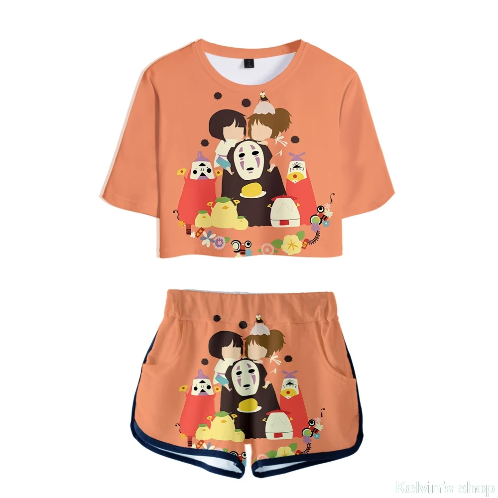 2019 Hot Sale New Spirited Away japaness Women Two Piece Set Shorts and shirts sexy Navel tshirt K-pops sets Plus Size Crop Top | Женская