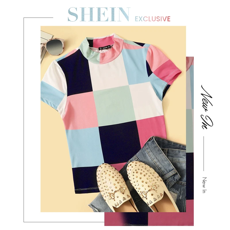 SHEIN модная цветная Лоскутная футболка с воротником, женская одежда, летняя повседневная Приталенная футболка со стоячим воротником, цветные женские топы