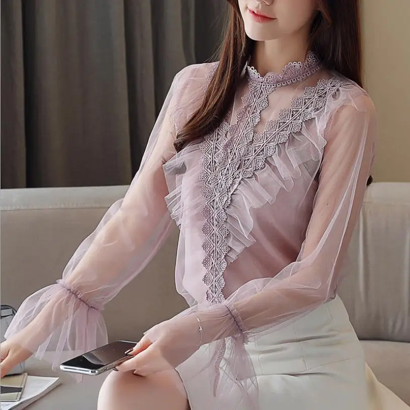 Женские кружевные топы и блузки с воротником-стойкой новинка весны 2019 | Женская