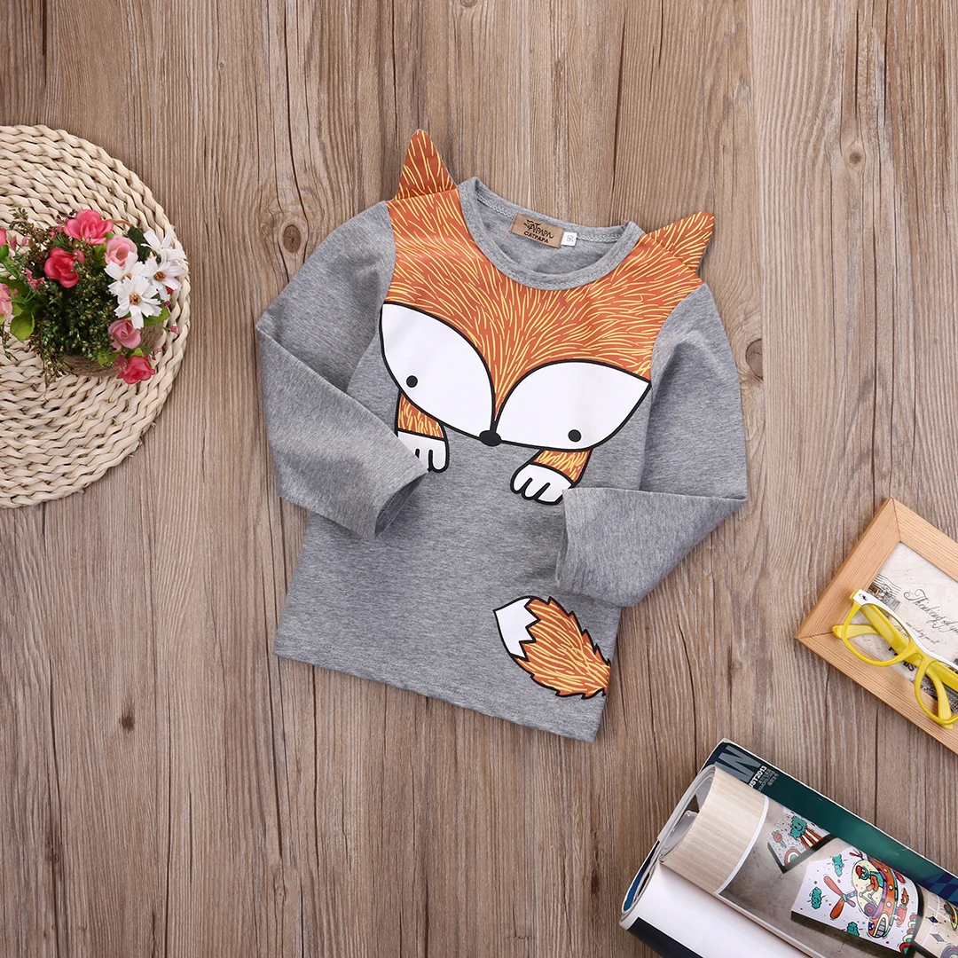 Весна осень 2017 одежда для детей топы футболки девочек с длинным рукавом и лисой