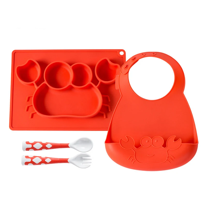 red dishes set 4 шт./компл. Детские силиконовая пластина/миска+ ложка+ вилка+ нагрудник для кормления Еда набор посуды с изображением краба из мультика с защитой от опрокидывания обучение ужин лоток - Цвет: red dishes set