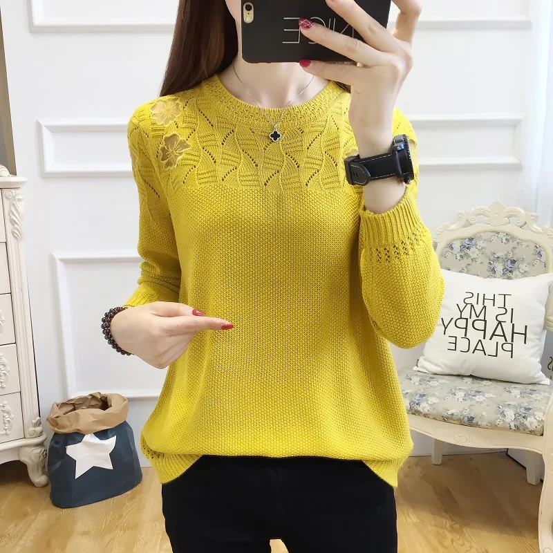 yellow Новинка, женская трикотажная нижняя рубашка, кружевная вышивка, длинный рукав, полый свитер, большие размеры и тонкая блузка, весенняя одежда - Цвет: yellow