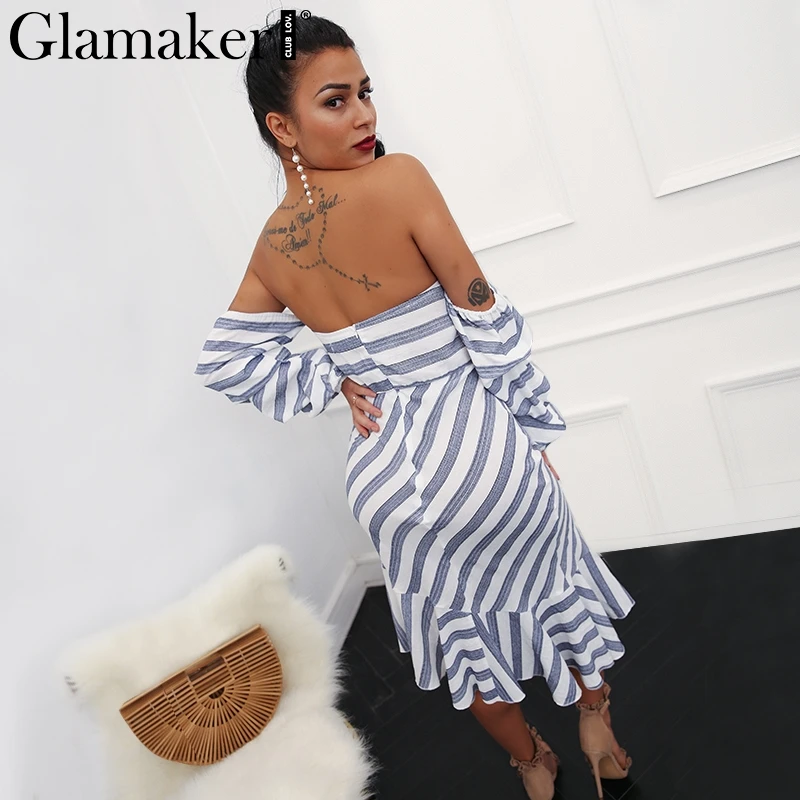 Женское платье в полоску с открытыми плечами Glamaker летнее русалки оборками
