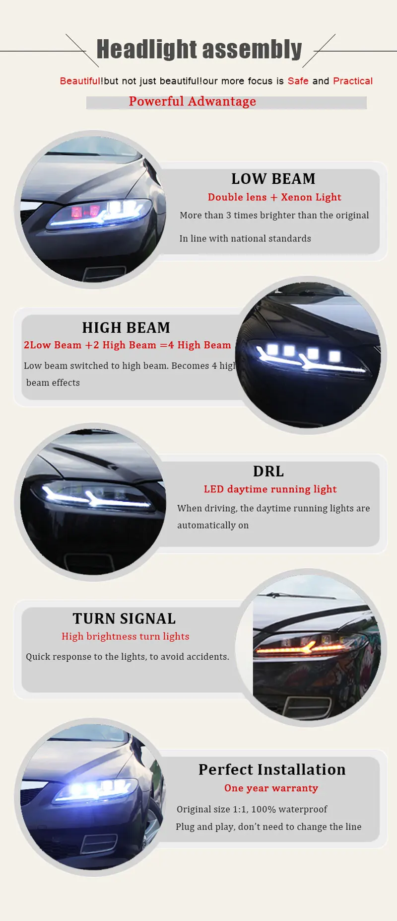 2 шт. светодиодный головной светильник s для Mazda 6 2003-2008 автомобильный светодиодный светильник s двойной ксеноновый Объектив Автомобильные аксессуары дневные ходовые огни противотуманный светильник