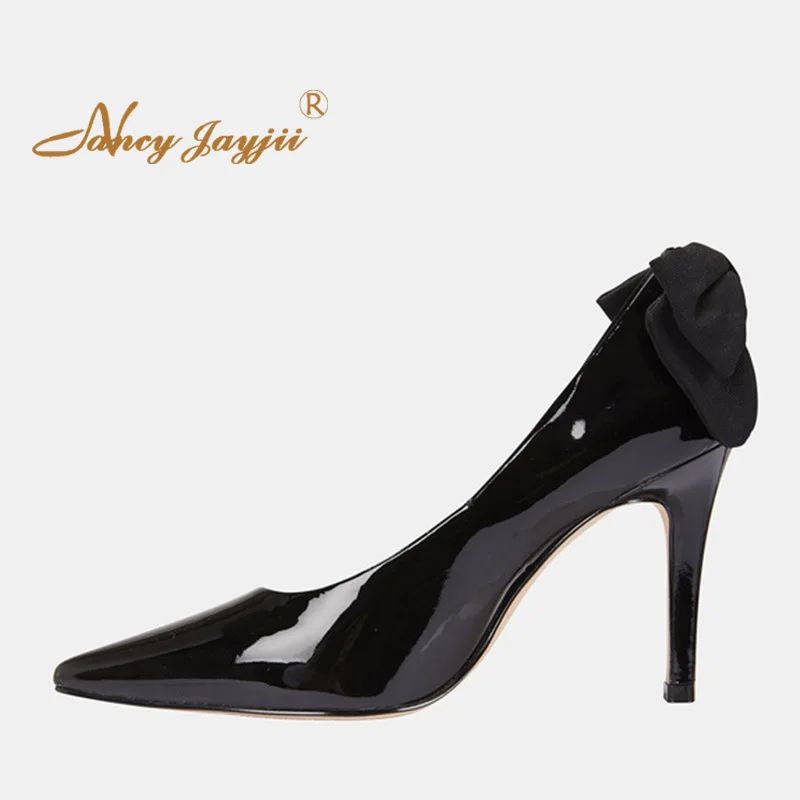 

Black Butterfly-Knot Soft Artificial Material Pumps Woman High Stilettos Pointy Toe Thin Heels Large Size 11 14 For Ladies Shoes