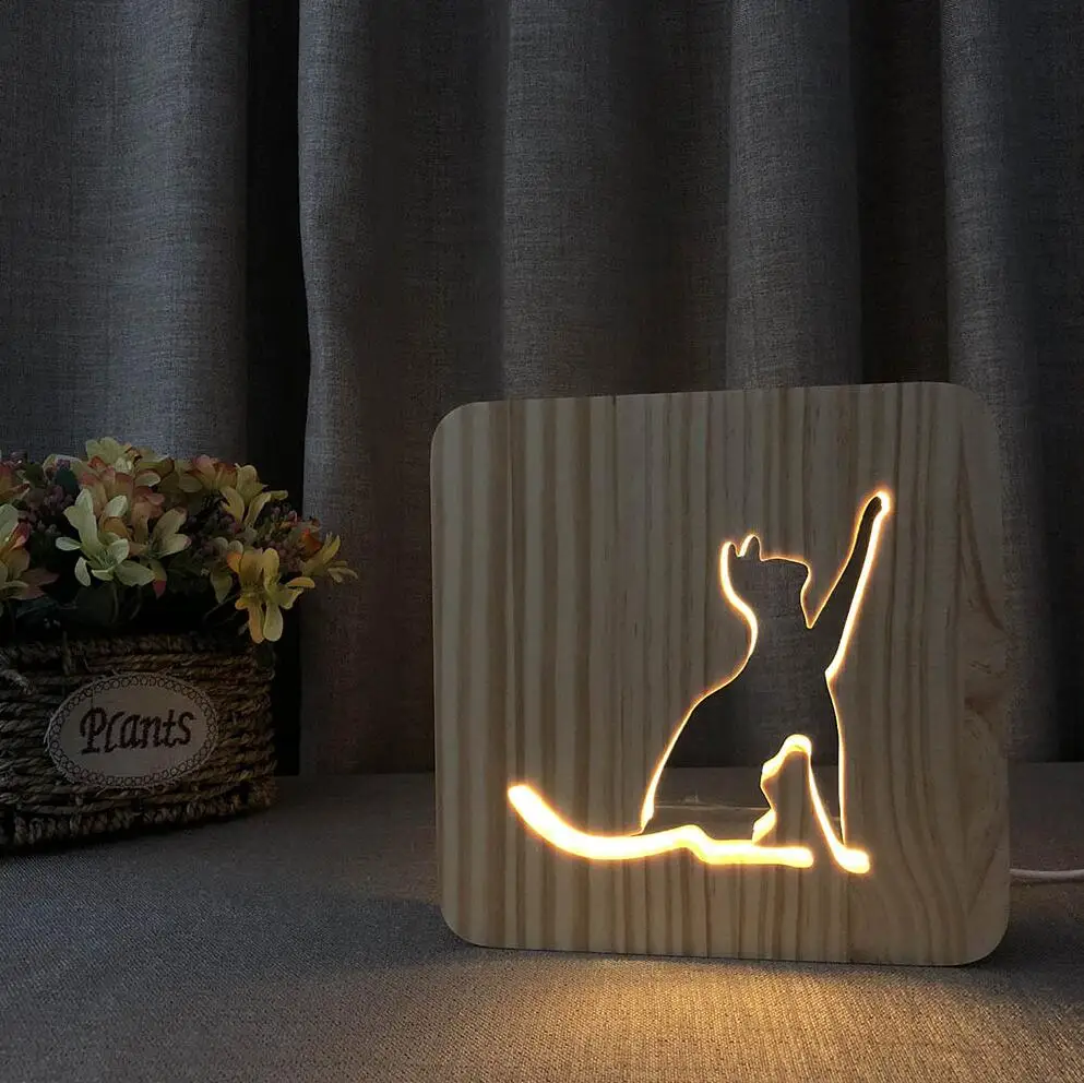 C Ночник кот Деревянная лампа животное милый кавайный котик лапа лампа 3D USB светодиодный настольный свет переключатель управления дерево врезной светильник для украшения детской комнаты - Испускаемый цвет: C