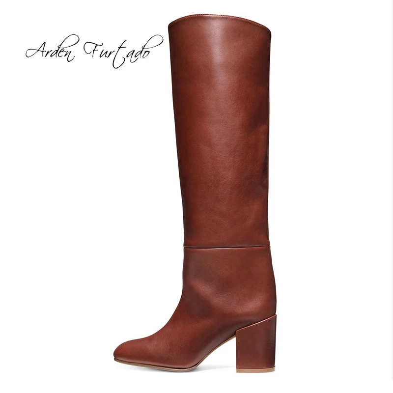 

Arden Furtado Fashion Women's Shoes Winter Pointed Toe Chunky Heels Sexy Elegant Slip on Ladies Boots Pure Color Knee High Boots